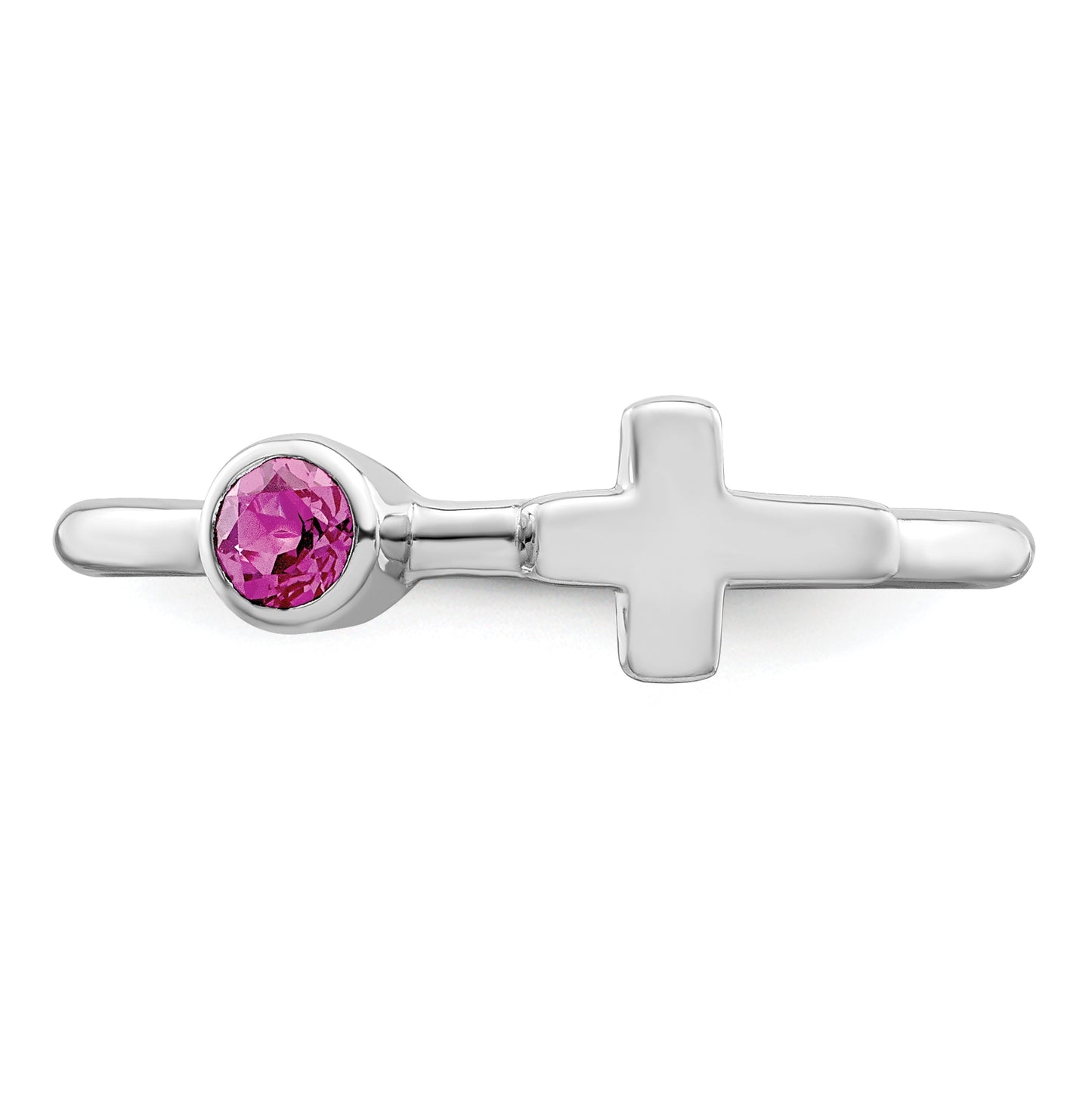Sterling Silver Rhodium plated Polished Cross Pink Tourmaline Ring, Size 7