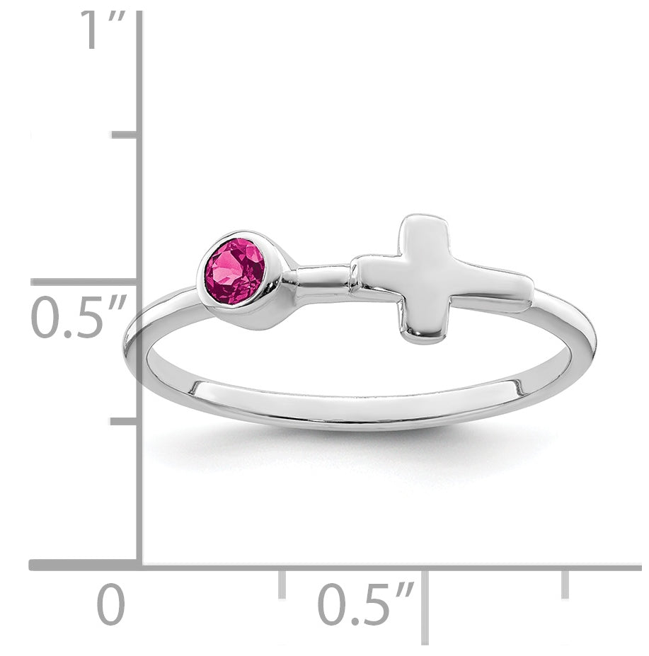Sterling Silver Rhodium plated Polished Cross Pink Tourmaline Ring, Size 7