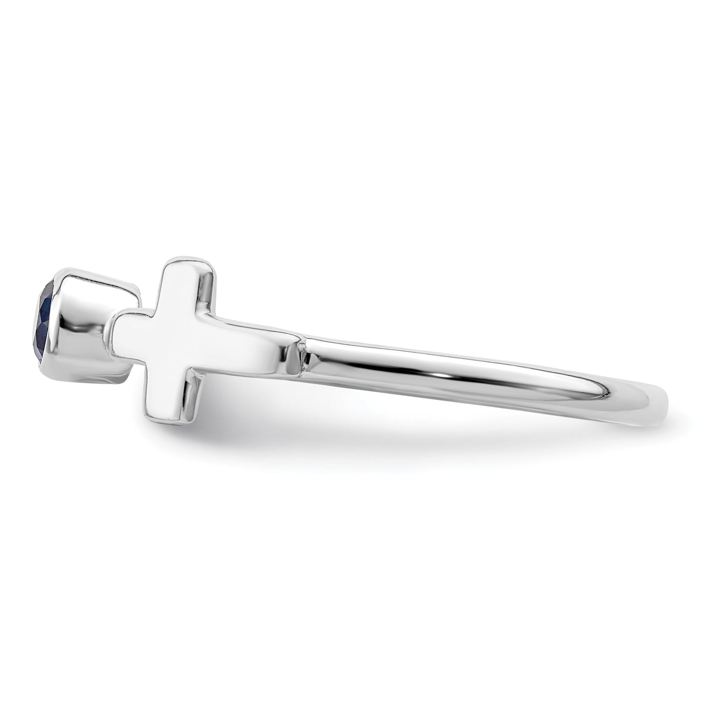 Sterling Silver Rhodium plated Polished Cross Lab Created Sapphire Ring, Size 8