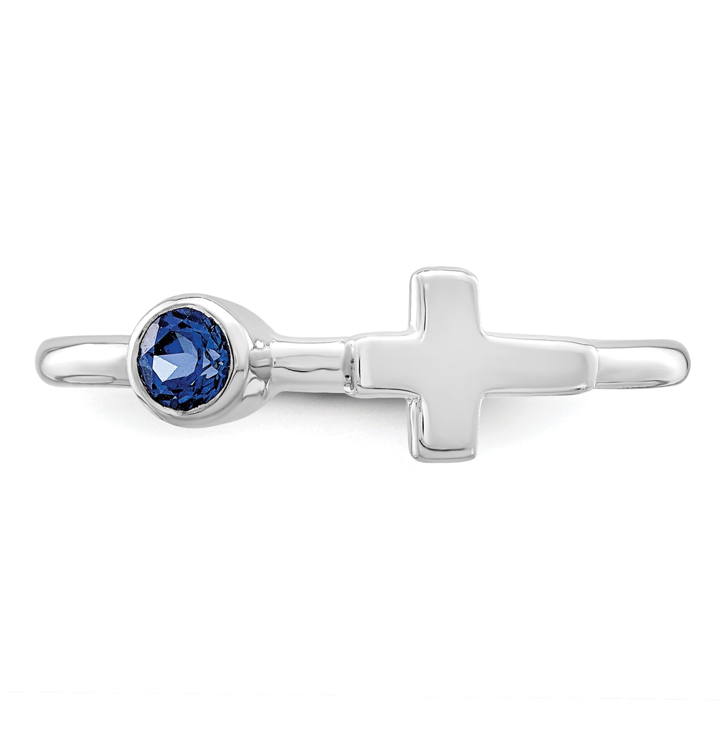 Sterling Silver Rhodium plated Polished Cross Lab Created Sapphire Ring, Size 7