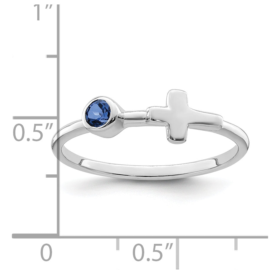 Sterling Silver Rhodium plated Polished Cross Lab Created Sapphire Ring, Size 8