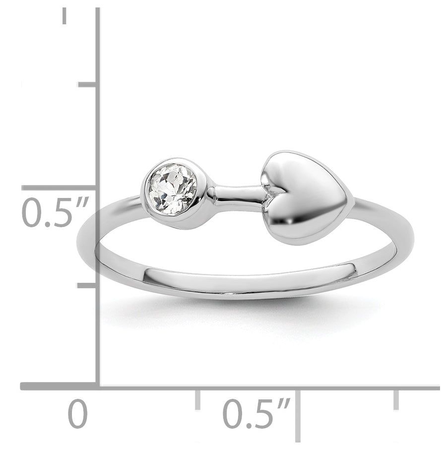 Sterling Silver Rhodium plated Polished Heart White Topaz Ring, Size 8