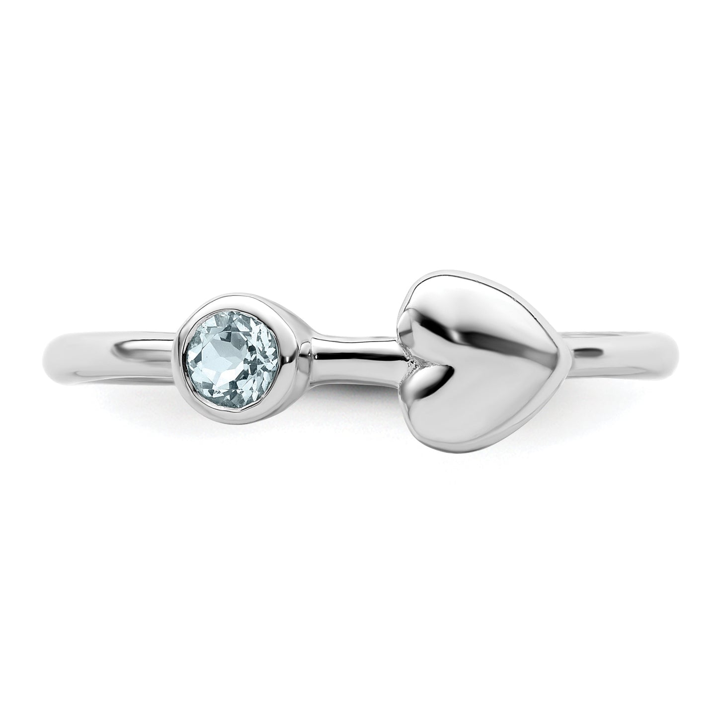 Sterling Silver Rhodium plated Polished Heart Aquamarine Ring, Size 8