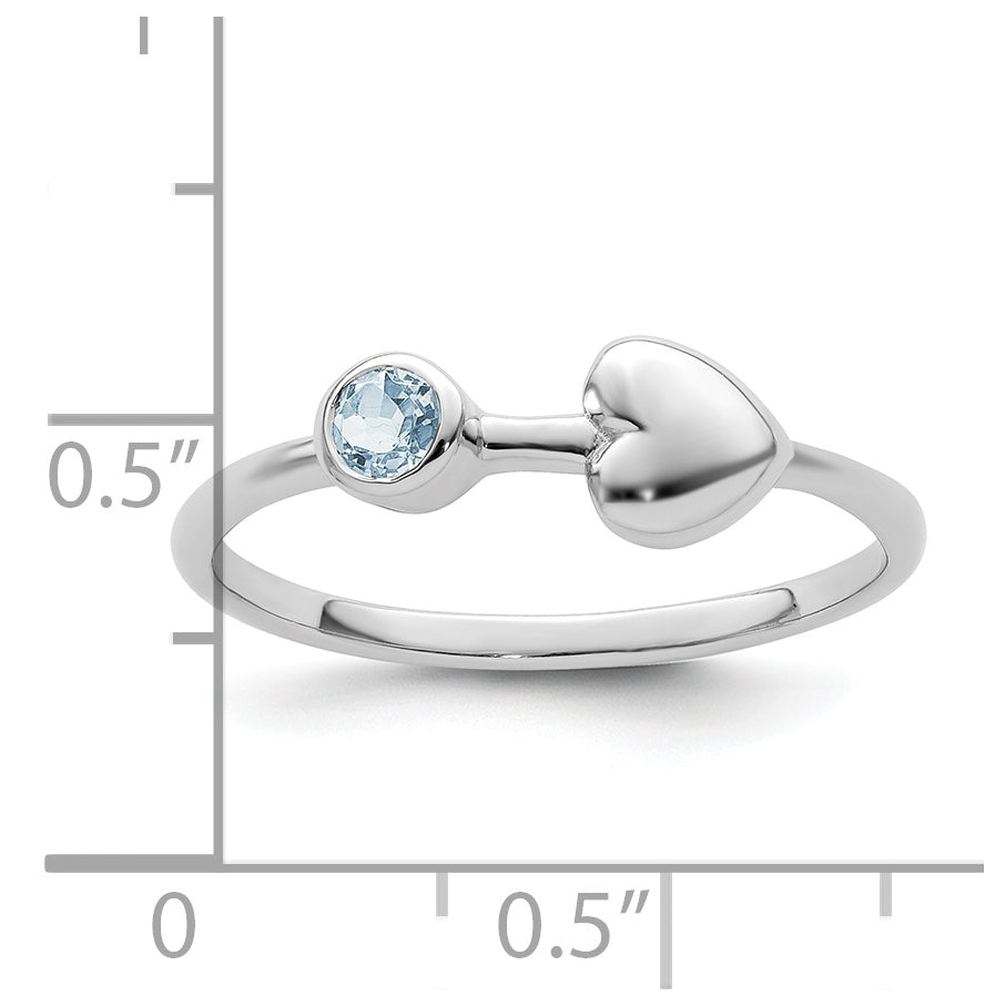 Sterling Silver Rhodium plated Polished Heart Aquamarine Ring, Size 8