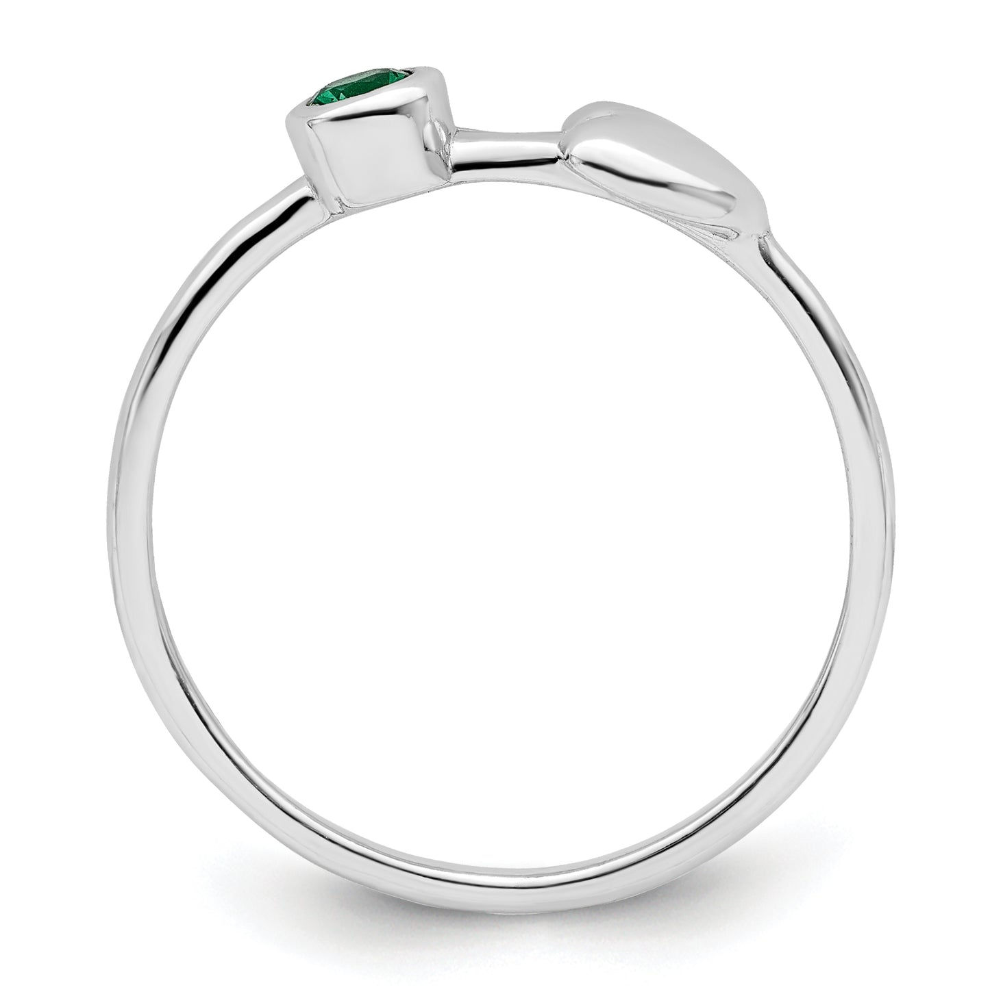 Sterling Silver Rhodium plated Polished Circle Created Emerald Heart Ring, Size 8
