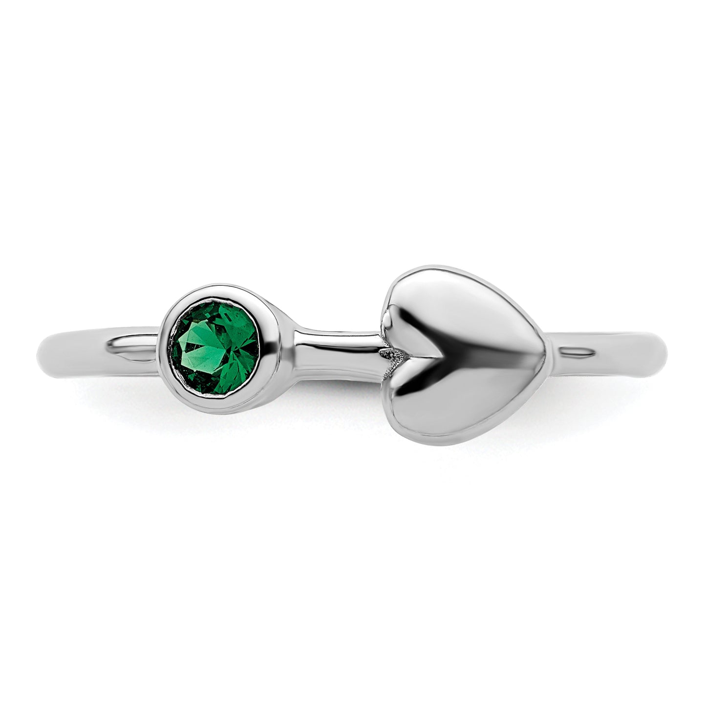 Sterling Silver Rhodium plated Polished Circle Created Emerald Heart Ring, Size 6