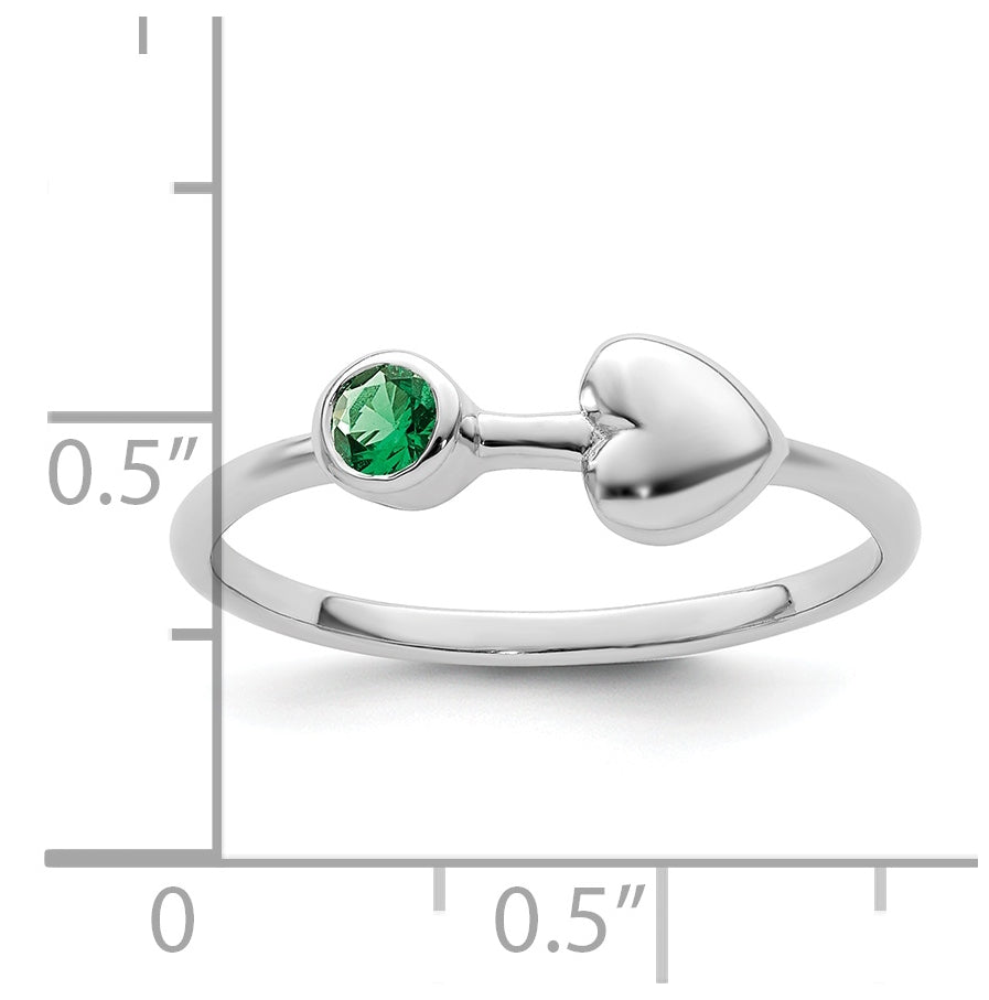Sterling Silver Rhodium plated Polished Circle Created Emerald Heart Ring, Size 7