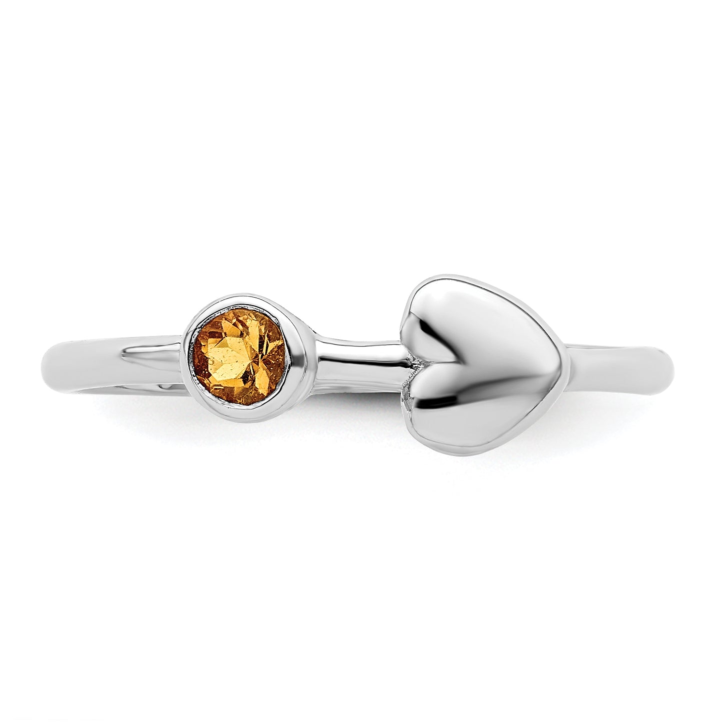 Sterling Silver Rhodium plated Polished Heart Citrine Ring, Size 8