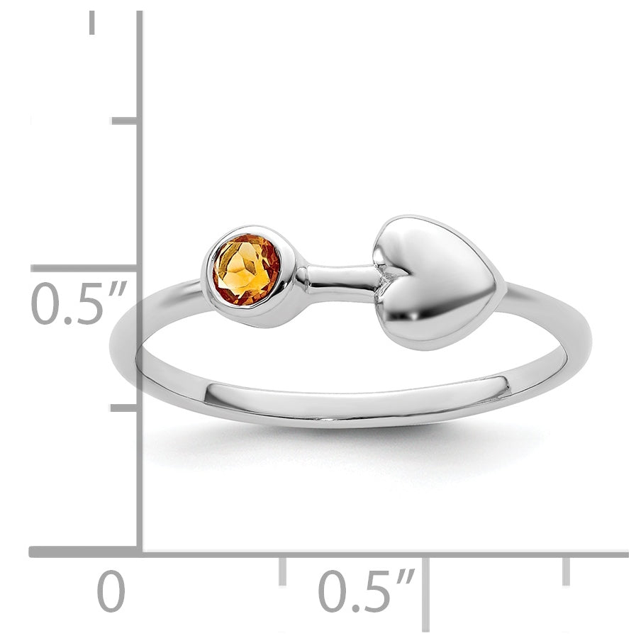 Sterling Silver Rhodium plated Polished Heart Citrine Ring, Size 8