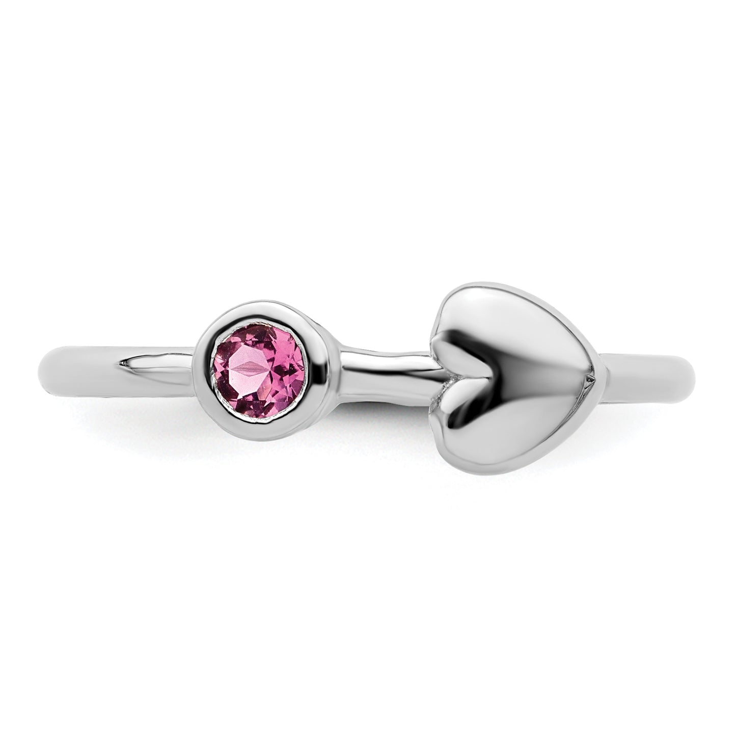 Sterling Silver Rhodium plated Polished Heart Pink Tourmaline Ring, Size 8