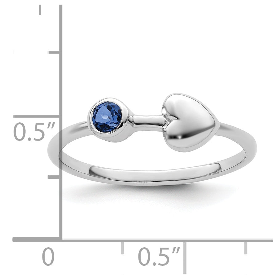 Sterling Silver Rhodium plated Polished Heart Lab Created Sapphire Ring, Size 8