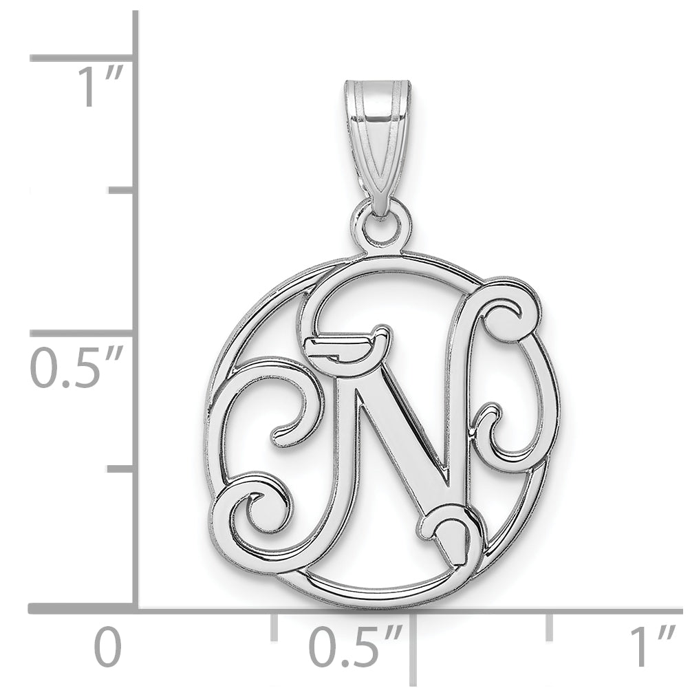 Small Sterling Silver Rhodium plated Fancy Script Letter N Initial Pendant