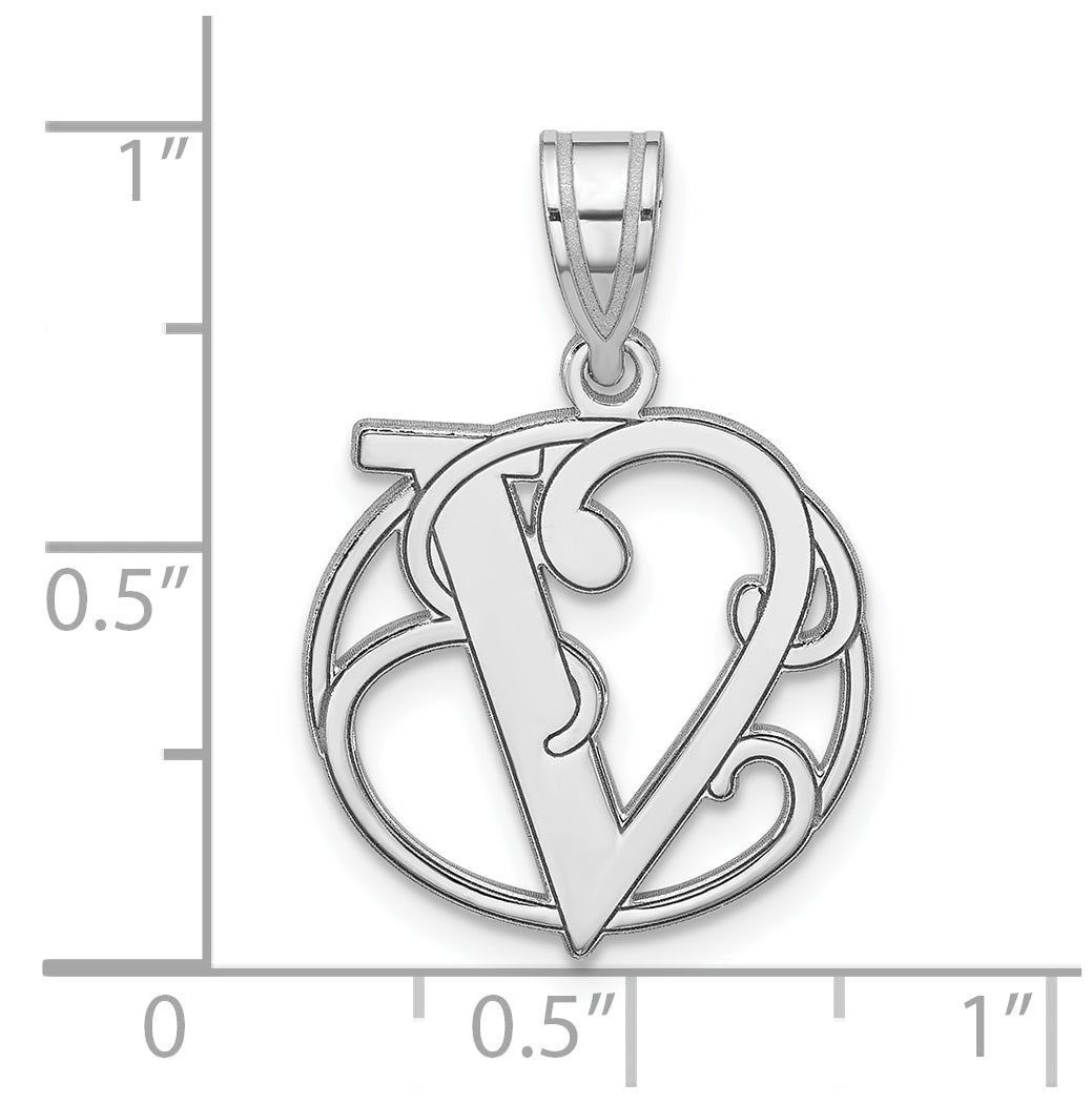 Small Sterling Silver Rhodium plated Fancy Script Letter V Initial Pendant