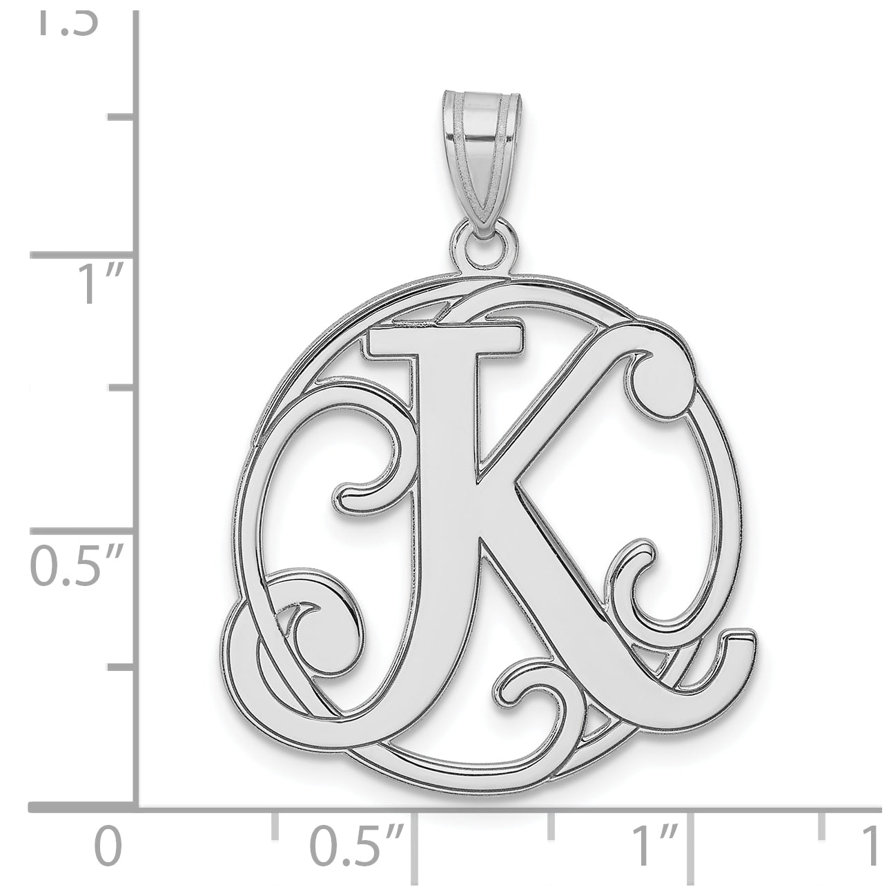 Large Sterling Silver Rhodium plated Fancy Script Letter K Initial Pendant