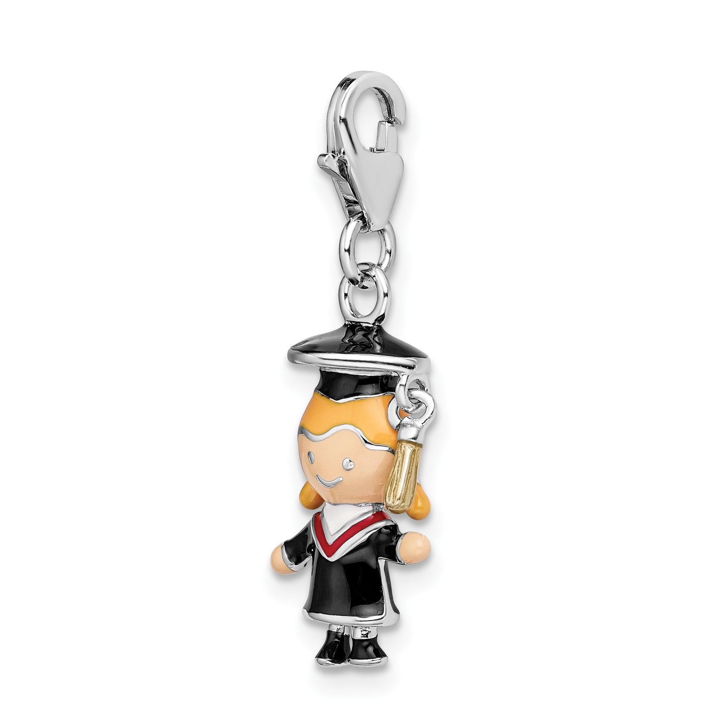 Amore La Vita Sterling Silver Rhodium plated Polished 3-D Enameled Girl Graduate Charm with Fancy Lobster Clasp