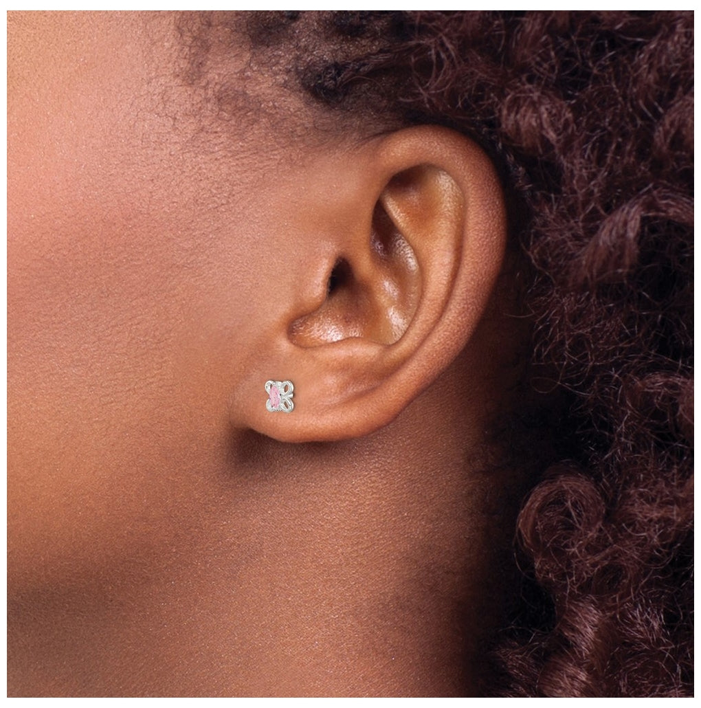 Sterling Silver Polished Pink Cubic Zirconia Butterfly Children's Post Earrings