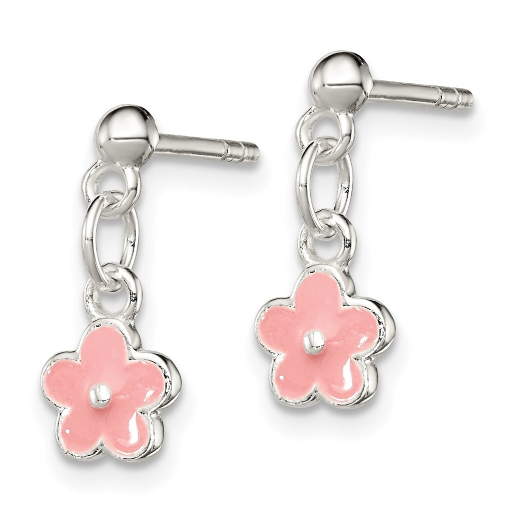 Sterling Silver Polished Pink Enameled Flower Children's Post Dangle Earrings