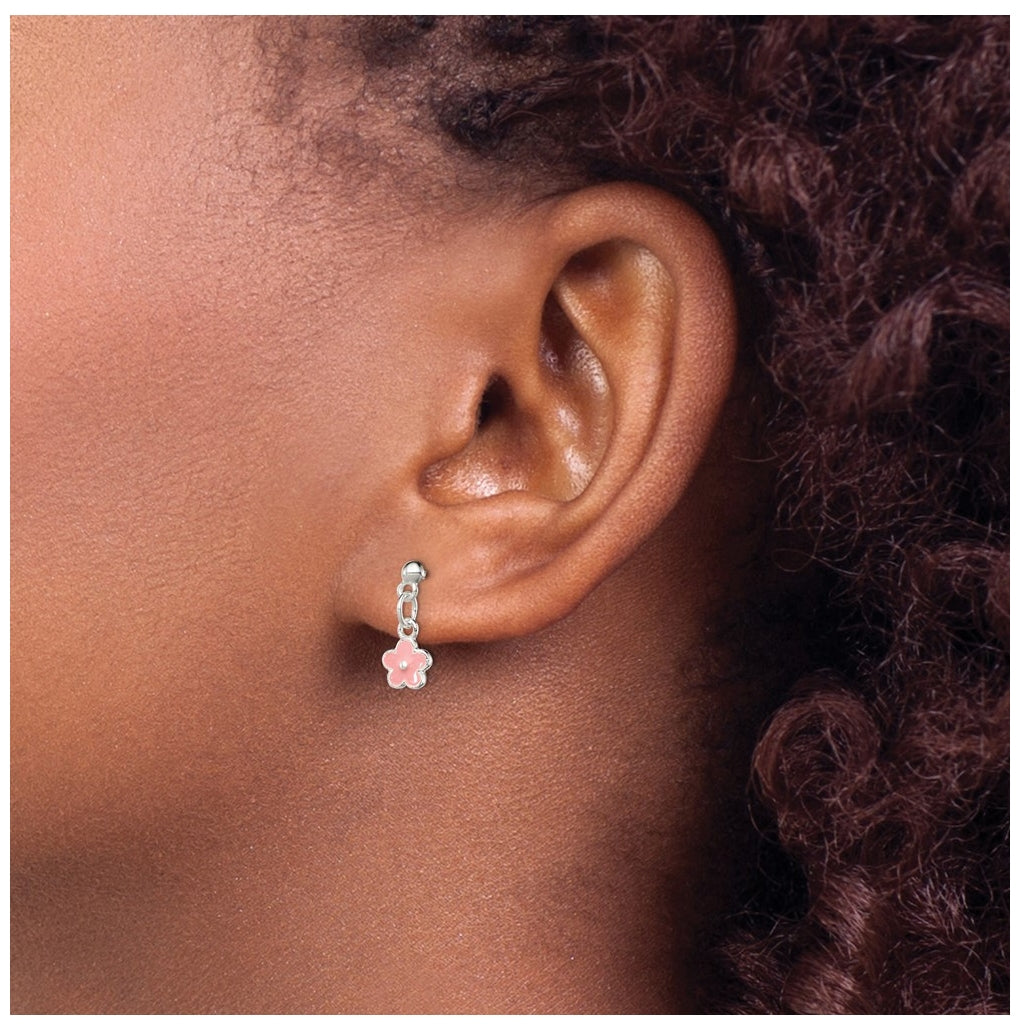 Sterling Silver Polished Pink Enameled Flower Children's Post Dangle Earrings