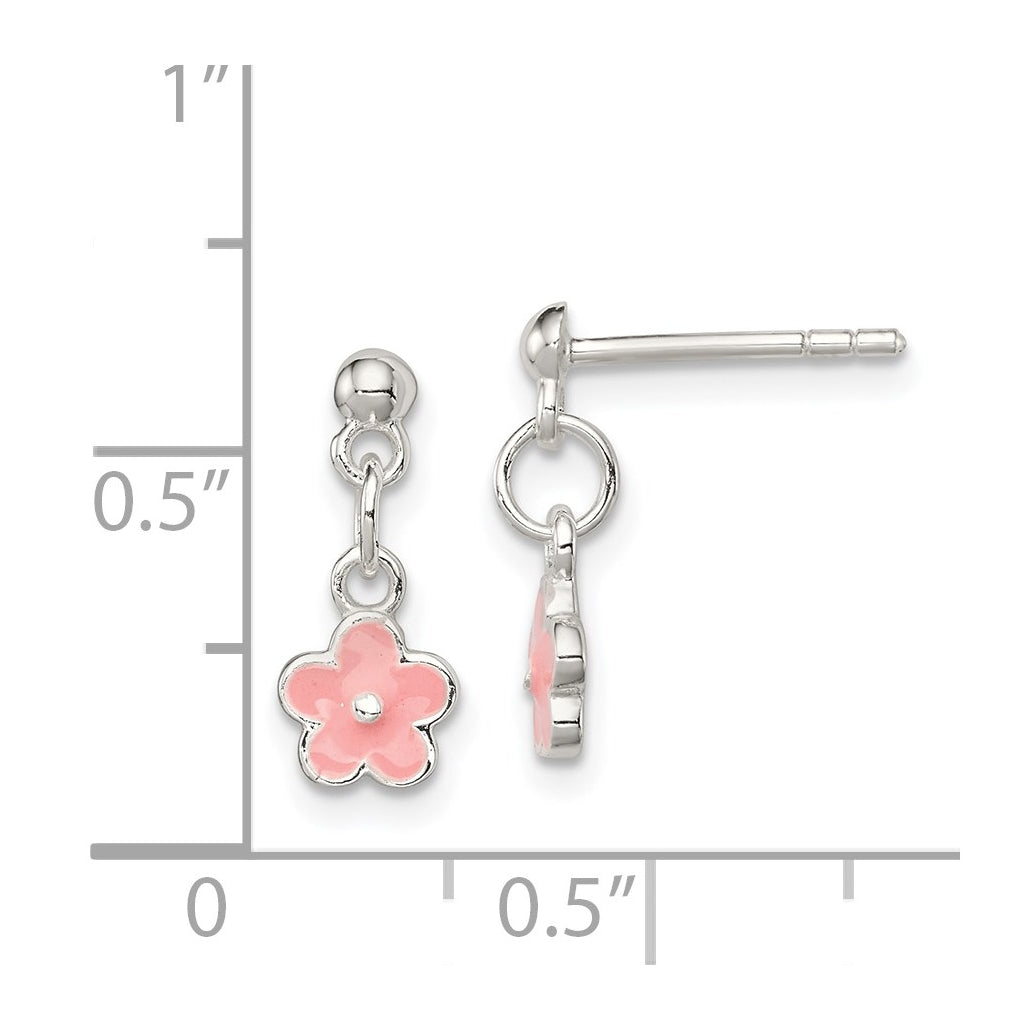 Sterling Silver Polished Pink Enameled Flower Children's Post Dangle Earrings