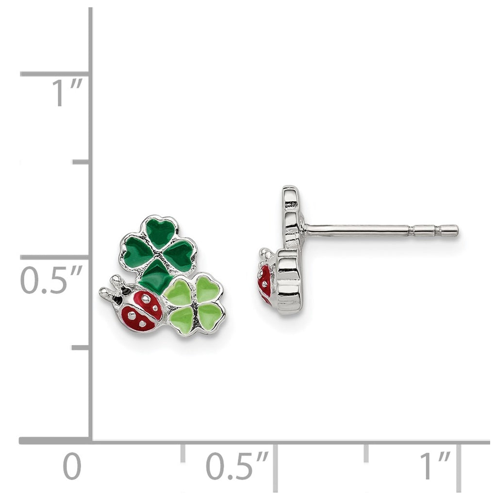 Sterling Silver Enamel Ladybug & Clovers Children's Post Earrings