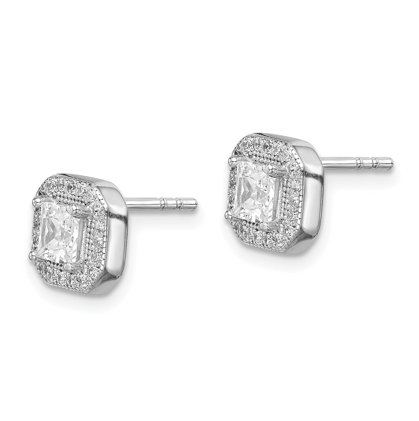 Sterling Silver Rhodium Plated Square Clear Center and Clear Cubic Zirconia Post Earrings, April