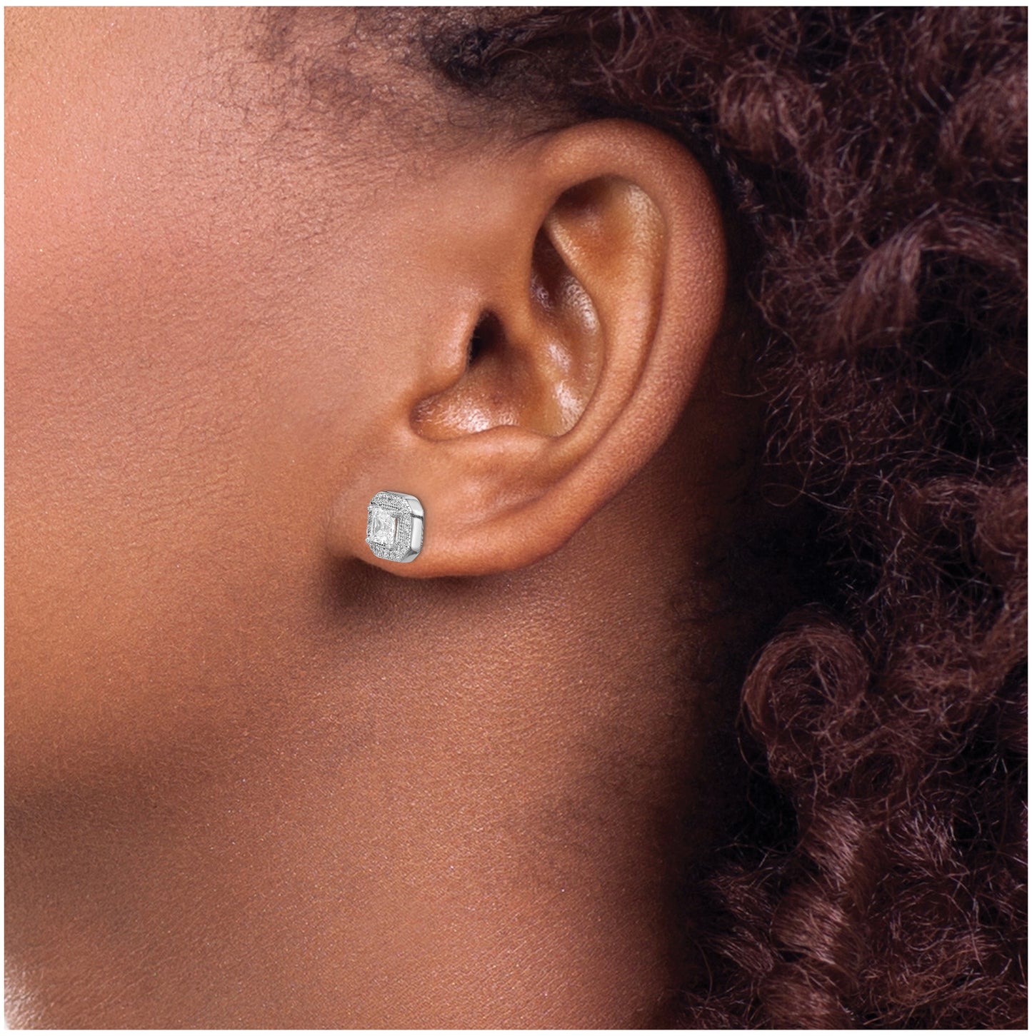 Sterling Silver Rhodium Plated Square Clear Center and Clear Cubic Zirconia Post Earrings, April