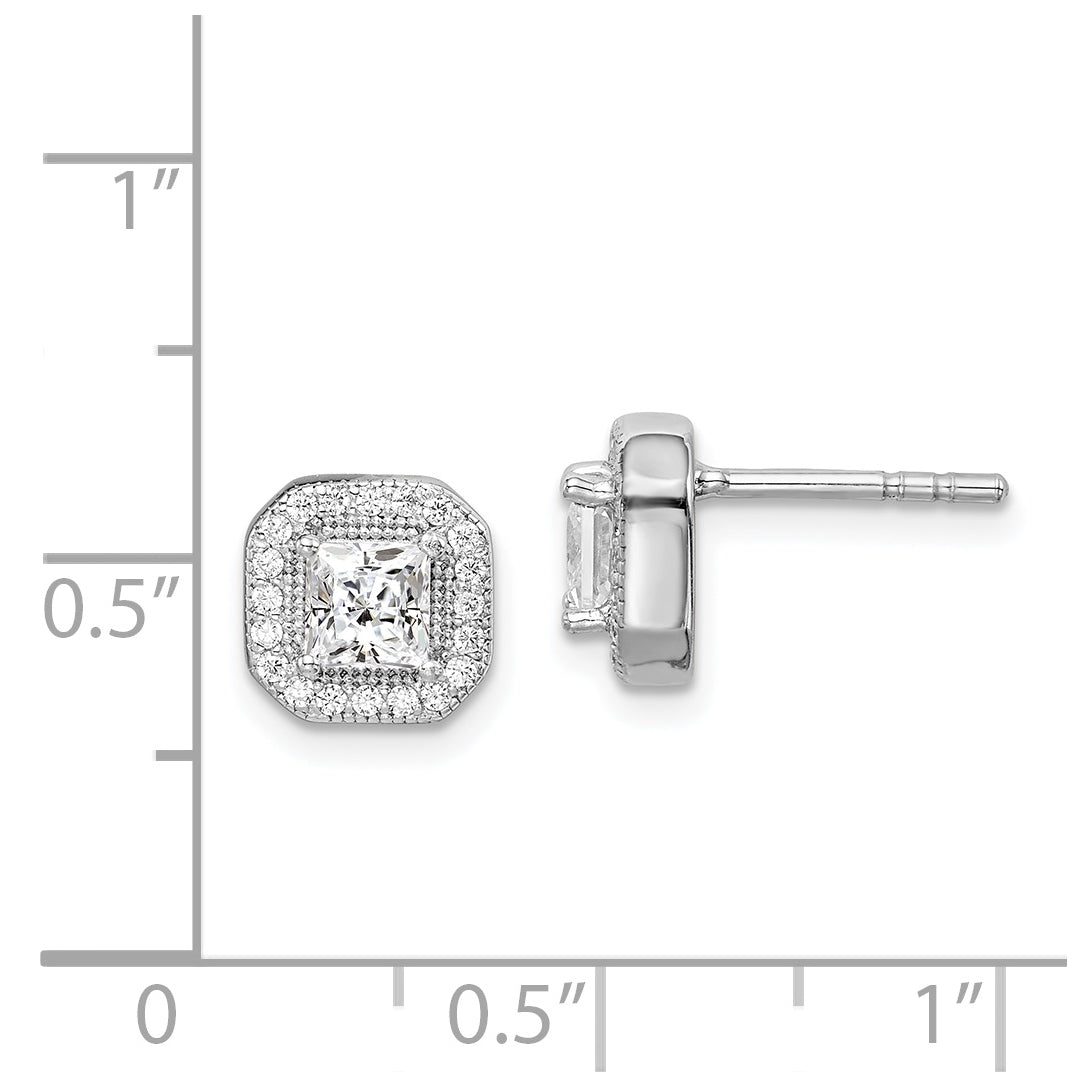 Sterling Silver Rhodium Plated Square Clear Center and Clear Cubic Zirconia Post Earrings, April