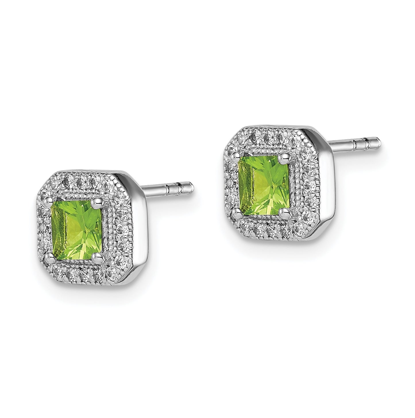 Sterling Silver Rhodium Plated Square Green and Clear Cubic Zirconia Post Earrings, August