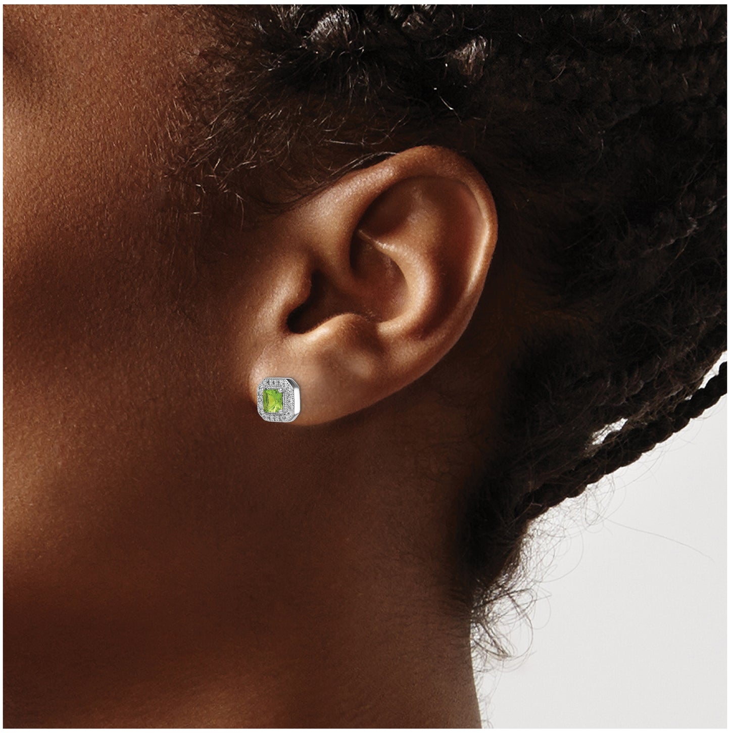Sterling Silver Rhodium Plated Square Green and Clear Cubic Zirconia Post Earrings, August