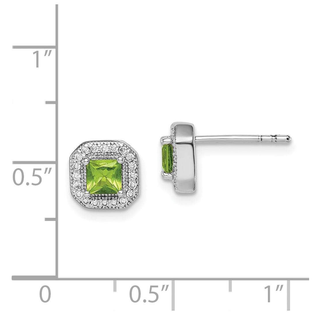 Sterling Silver Rhodium Plated Square Green and Clear Cubic Zirconia Post Earrings, August