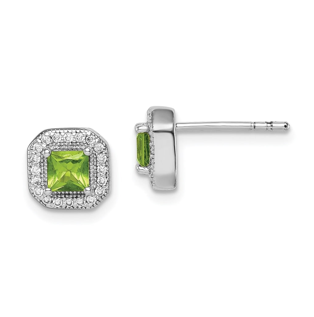 Sterling Silver Rhodium Plated Square Green and Clear Cubic Zirconia Post Earrings, August