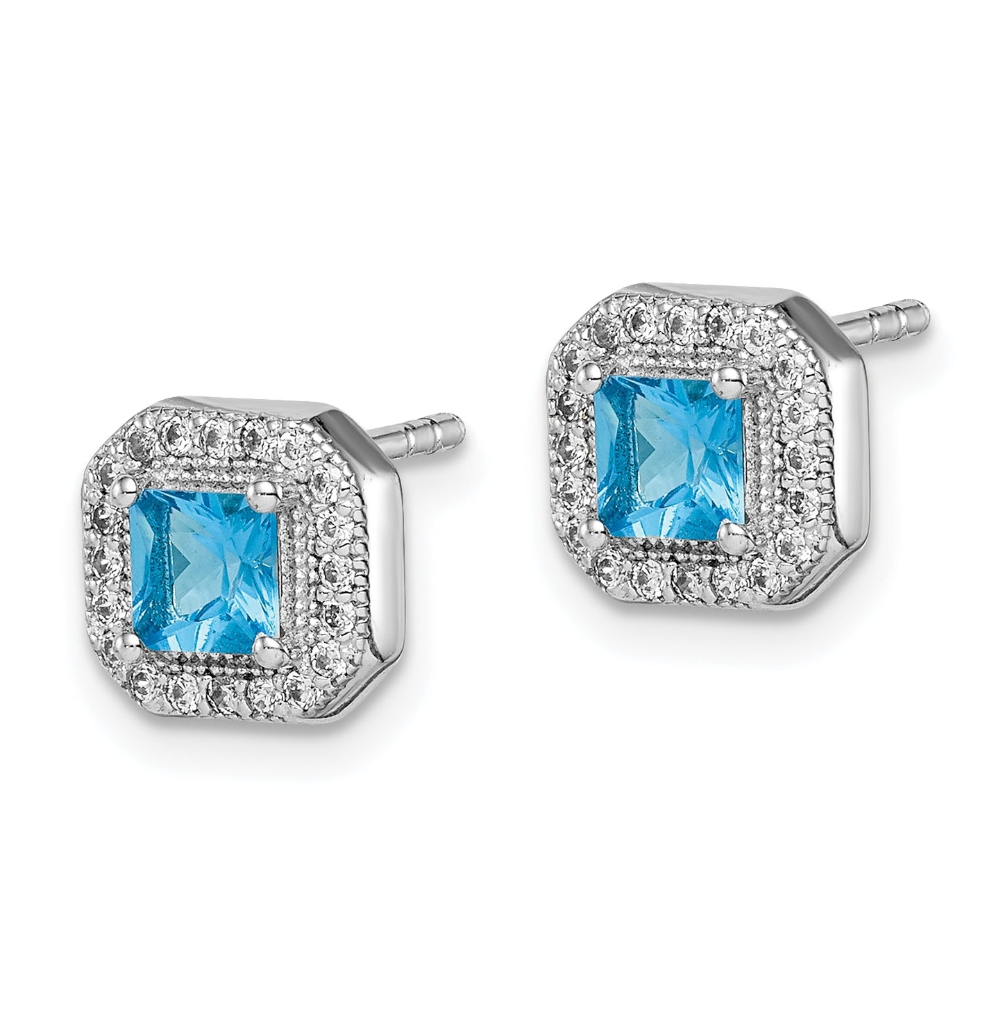 Sterling Silver Rhodium Plated Square Blue and Clear Cubic Zirconia Post Earrings, December