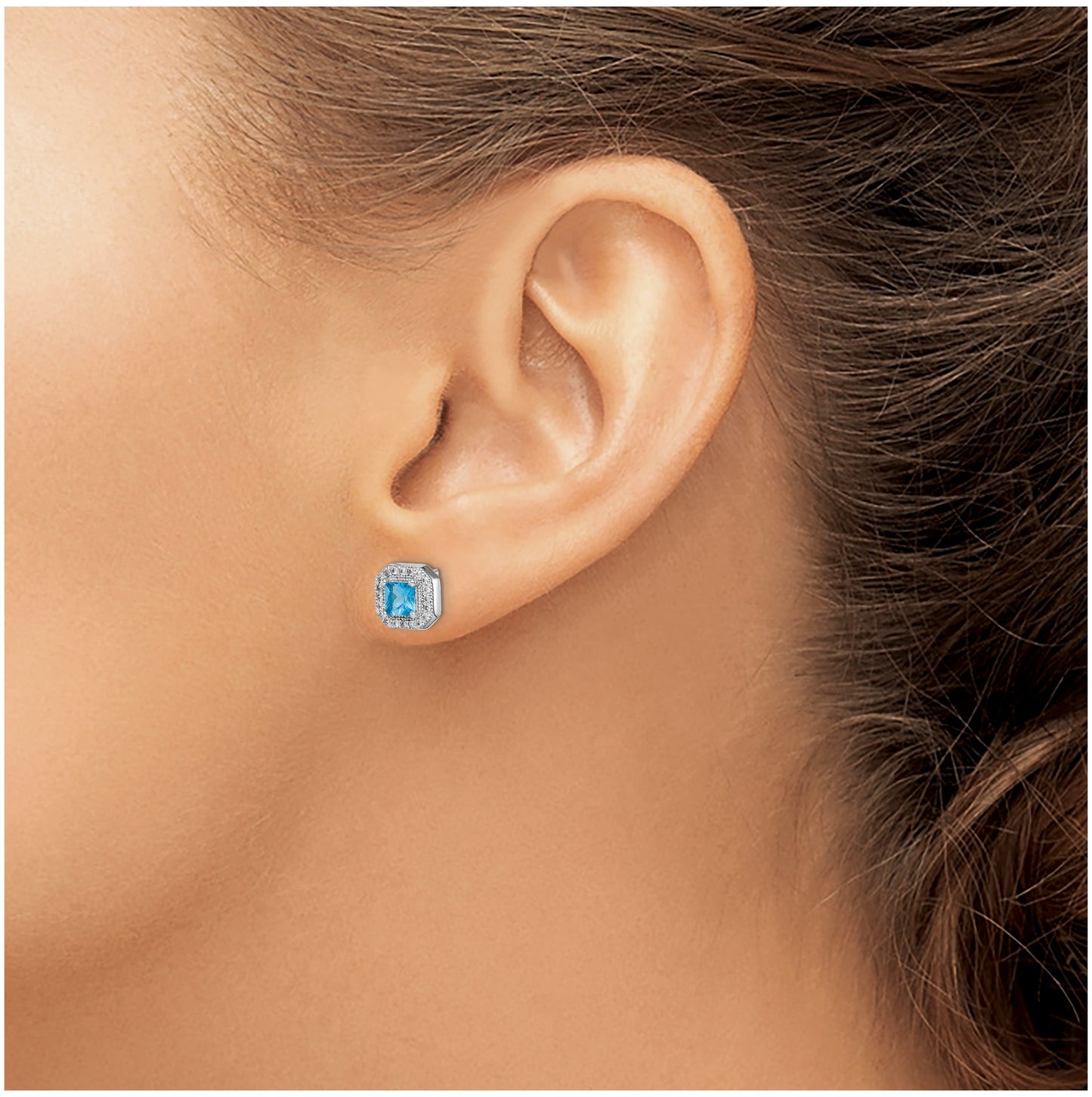 Sterling Silver Rhodium Plated Square Blue and Clear Cubic Zirconia Post Earrings, December