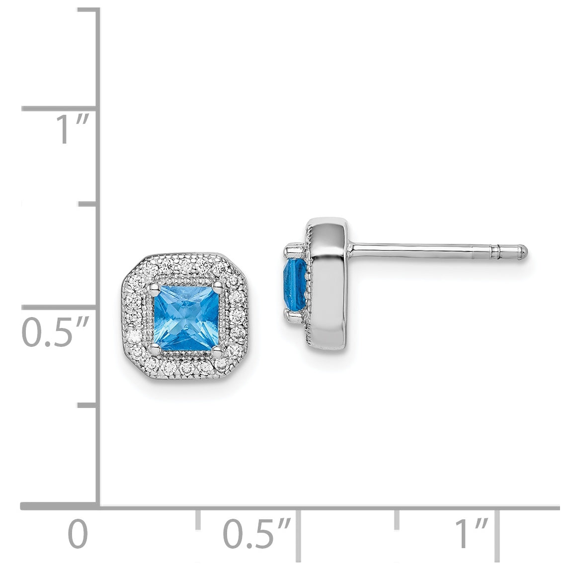 Sterling Silver Rhodium Plated Square Blue and Clear Cubic Zirconia Post Earrings, December