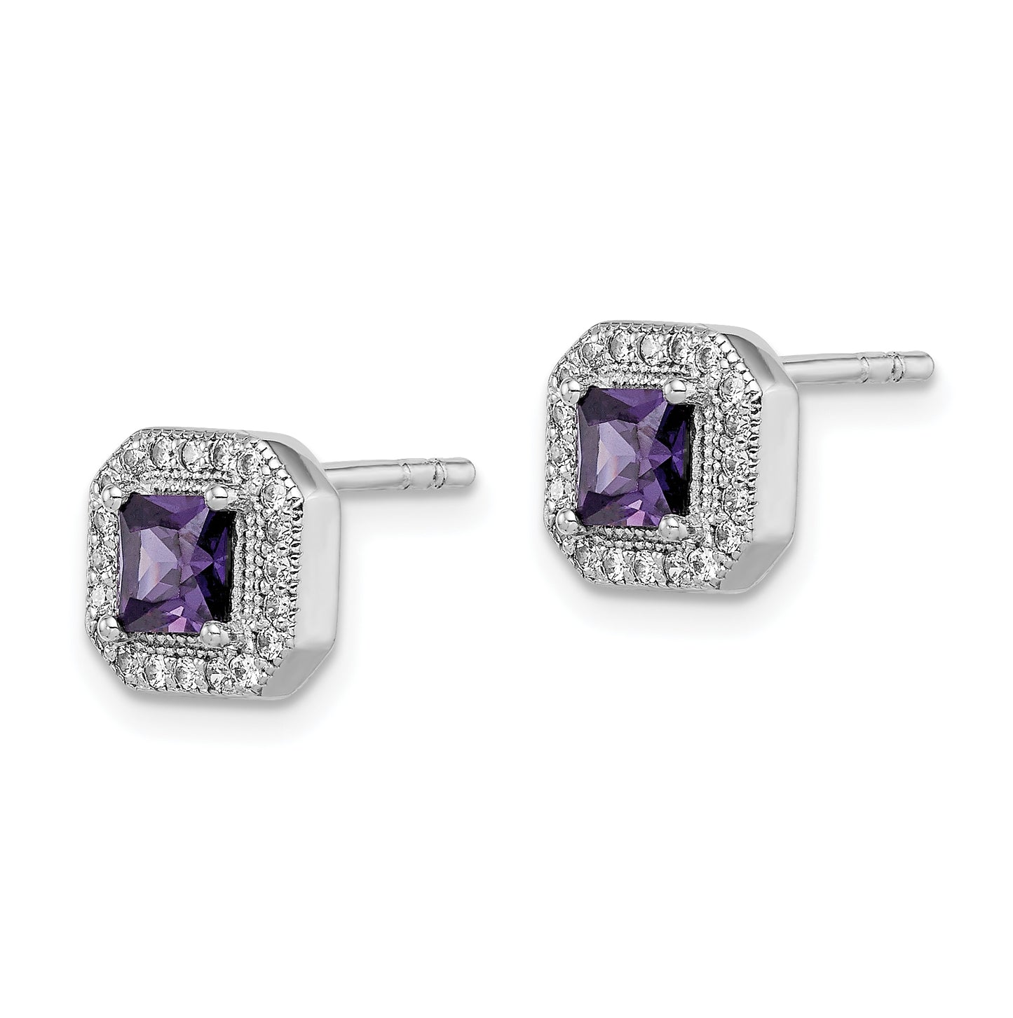 Sterling Silver Rhodium Plated Square Purple Cubic Zirconia and Clear Cubic Zirconia Post Earrings, February