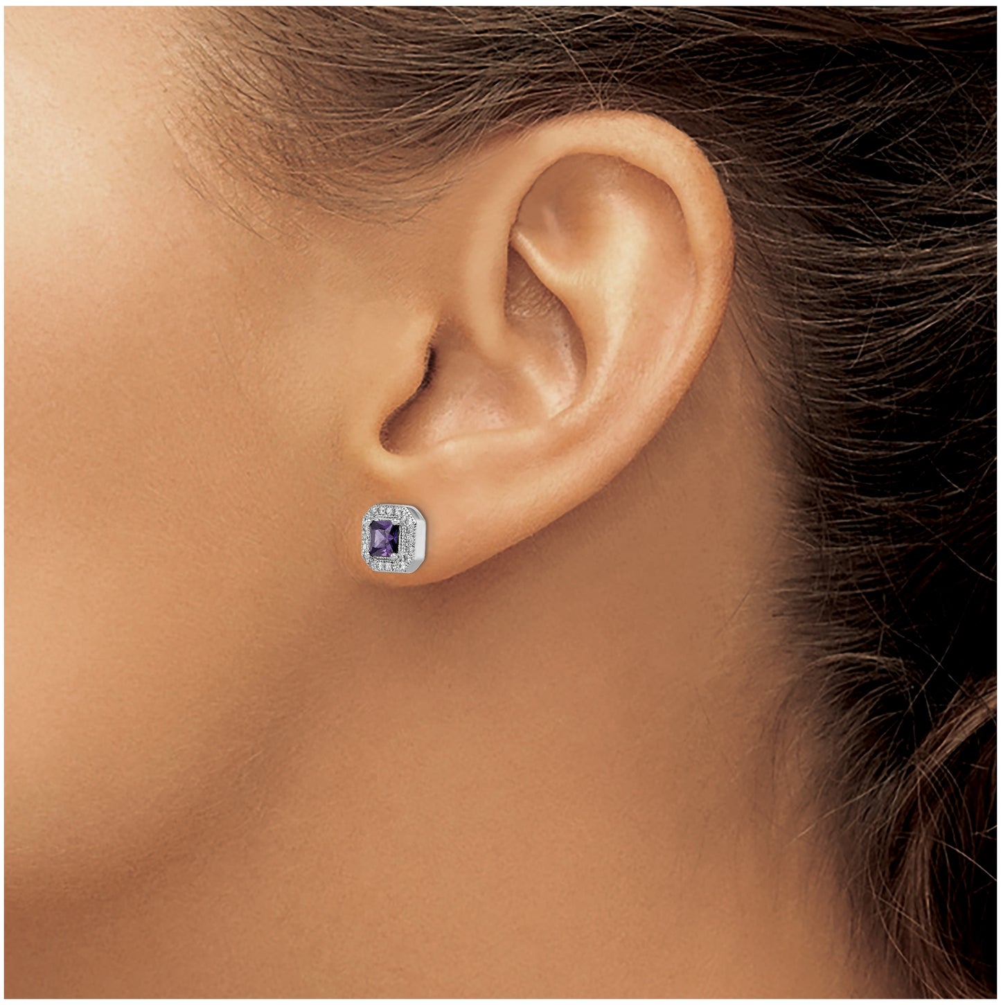 Sterling Silver Rhodium Plated Square Purple Cubic Zirconia and Clear Cubic Zirconia Post Earrings, February