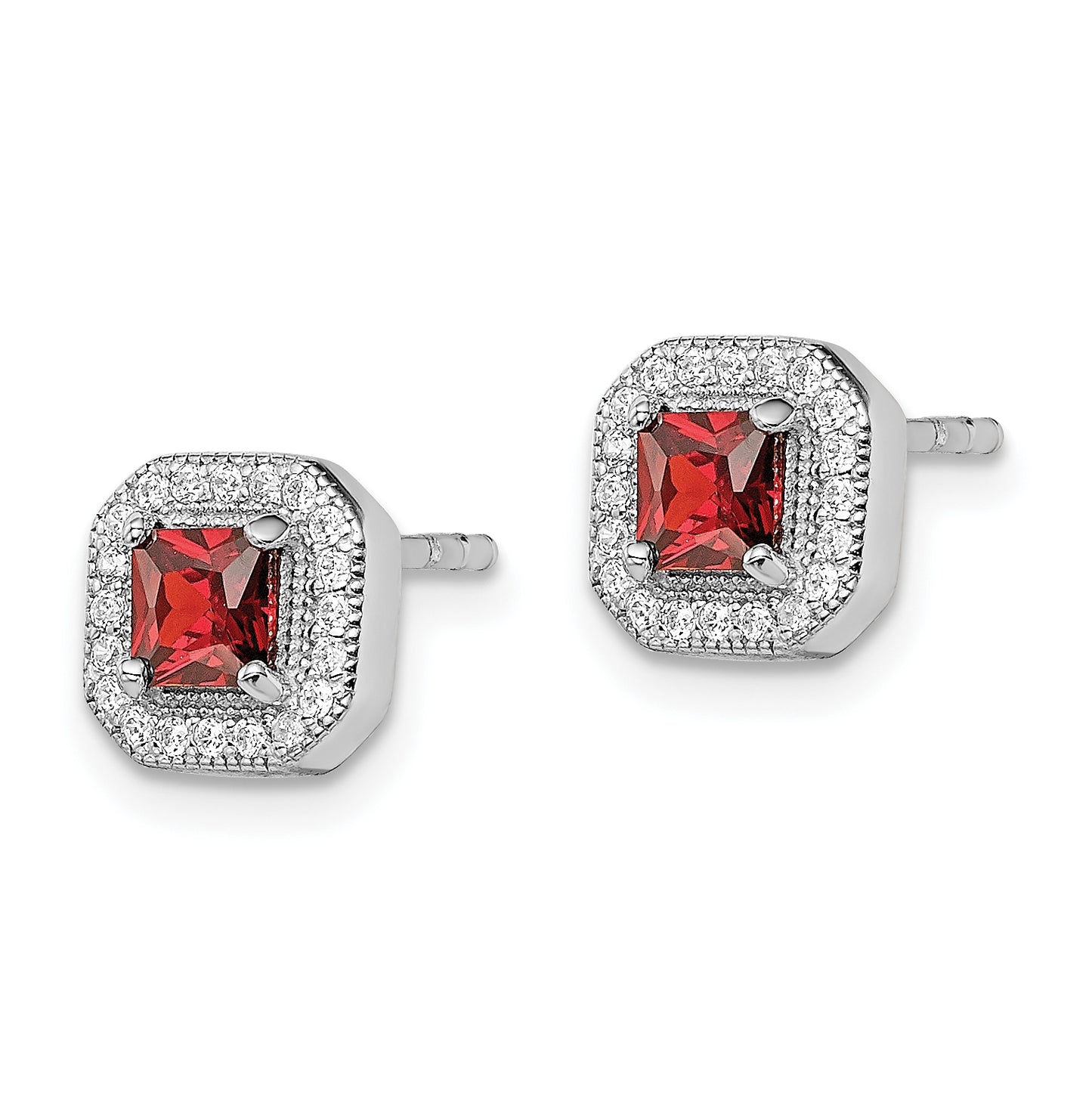 Sterling Silver Rhodium Plated Square Red Cubic Zirconia and Clear Cubic Zirconia Post Earrings, January