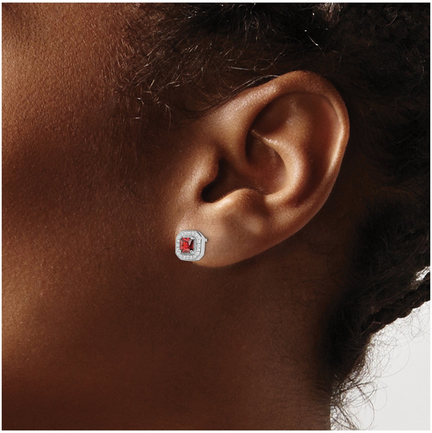 Sterling Silver Rhodium Plated Square Red Cubic Zirconia and Clear Cubic Zirconia Post Earrings, January