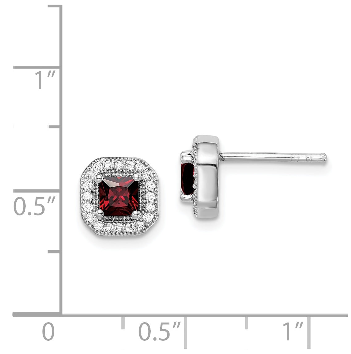 Sterling Silver Rhodium Plated Square Red Cubic Zirconia and Clear Cubic Zirconia Post Earrings, January
