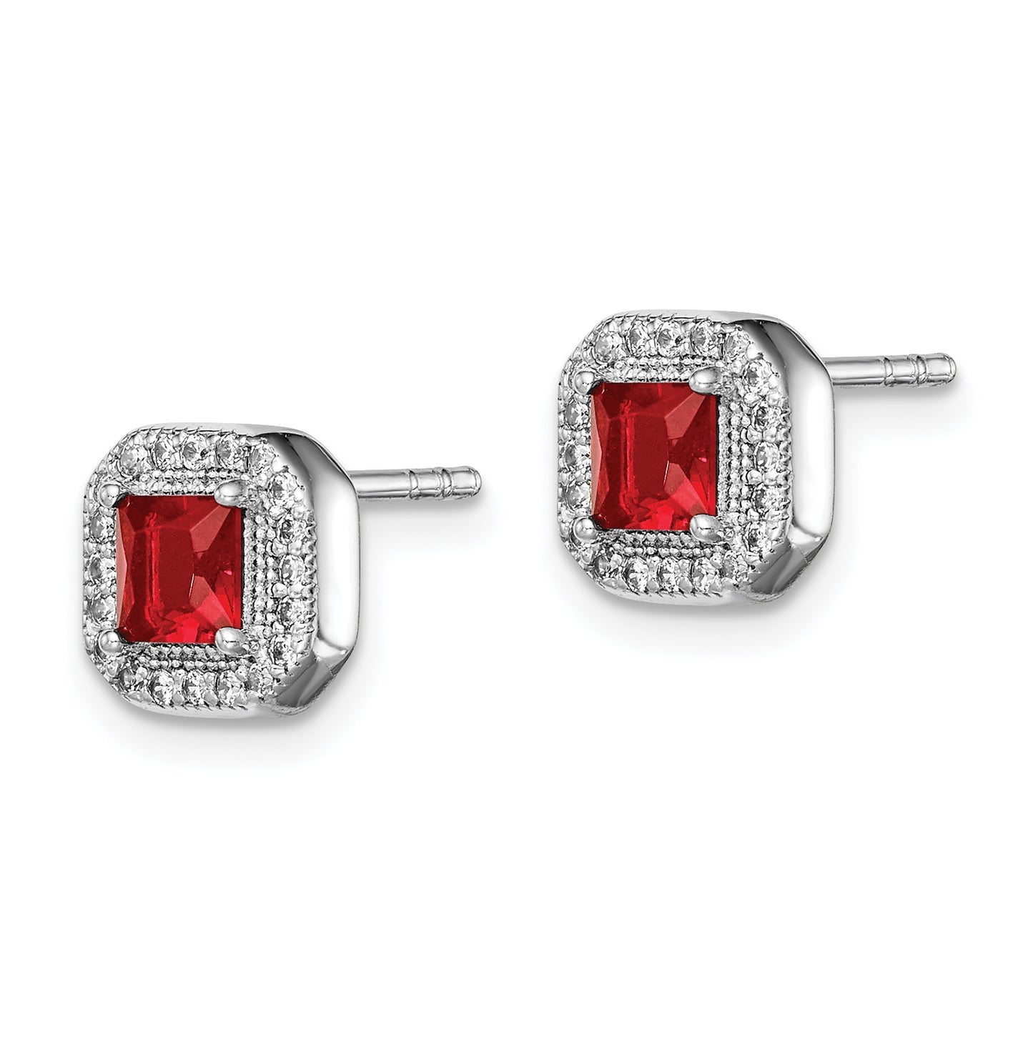 Sterling Silver Rhodium Plated Square Red Cubic Zirconia and Clear Cubic Zirconia Post Earrings, July