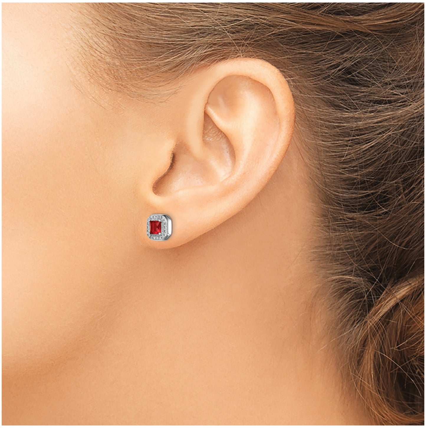 Sterling Silver Rhodium Plated Square Red Cubic Zirconia and Clear Cubic Zirconia Post Earrings, July