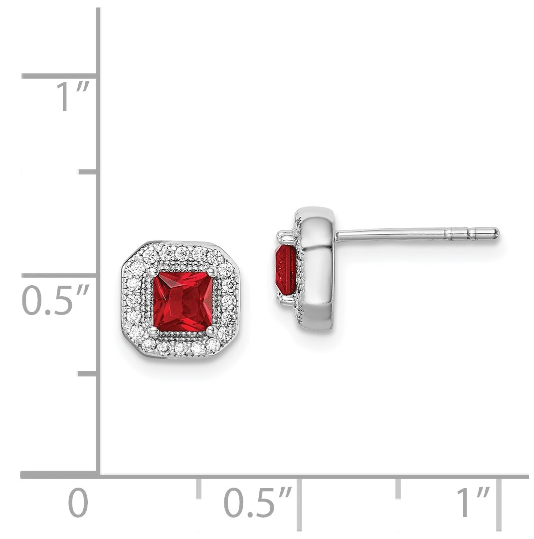Sterling Silver Rhodium Plated Square Red Cubic Zirconia and Clear Cubic Zirconia Post Earrings, July