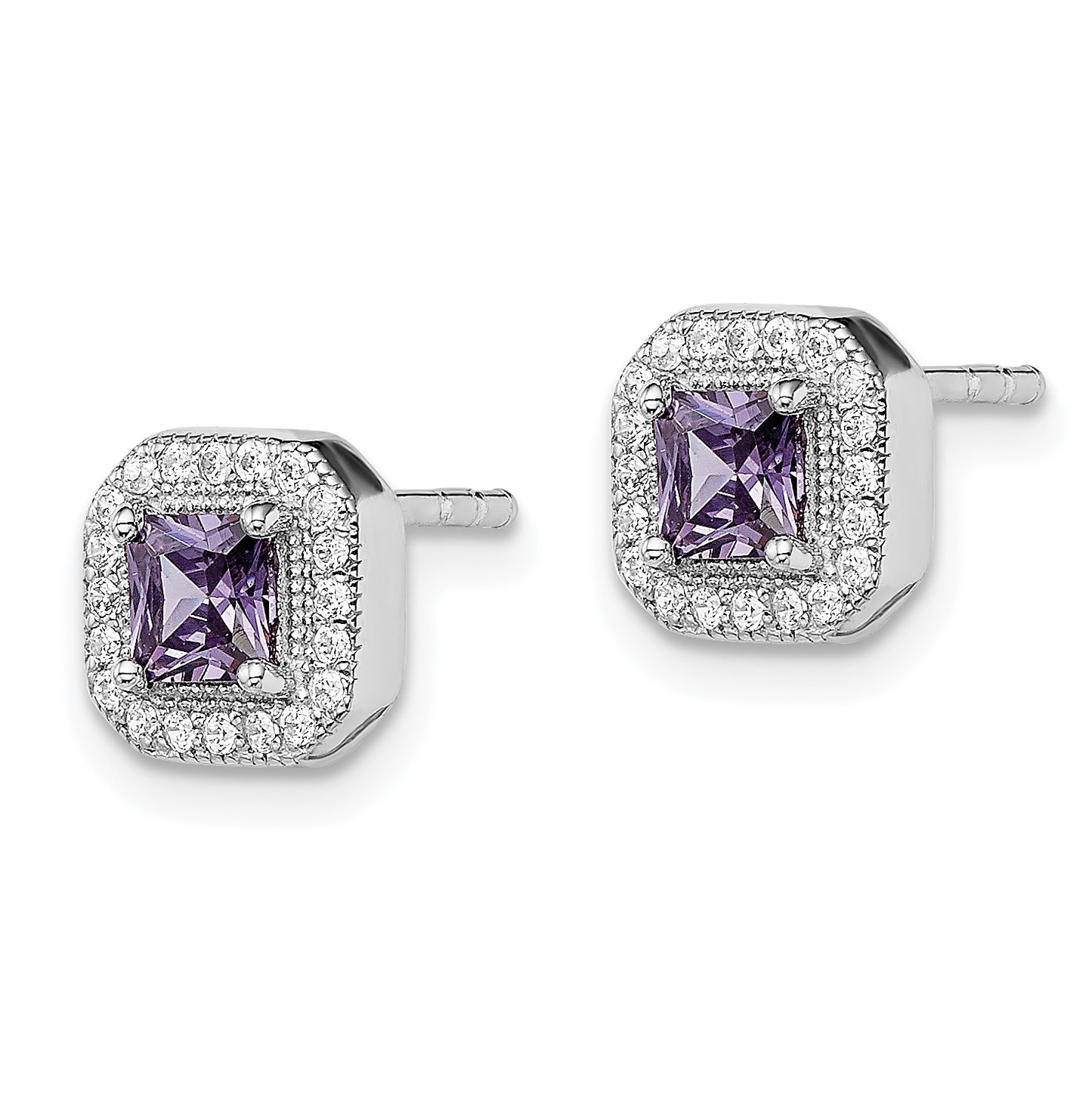Sterling Silver Rhodium Plated Square Light Purple and Clear Cubic Zirconia Post Earrings, June
