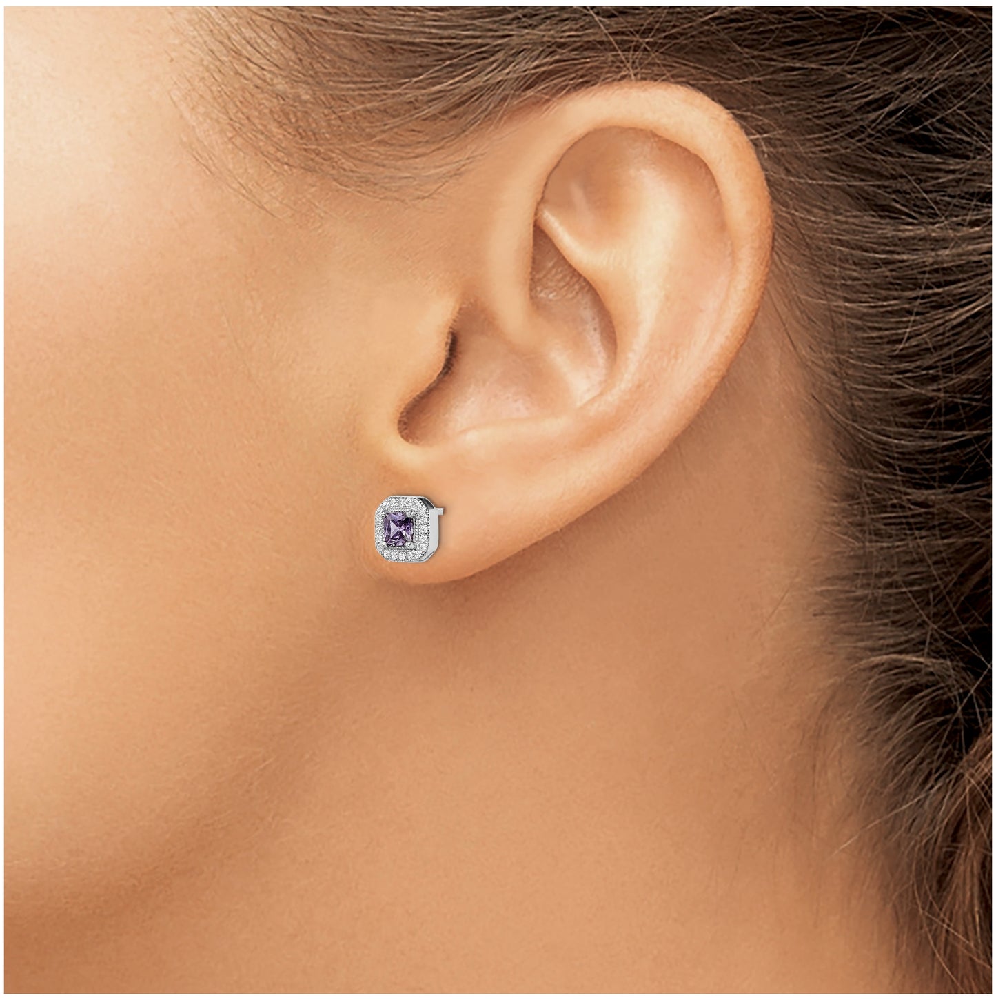 Sterling Silver Rhodium Plated Square Light Purple and Clear Cubic Zirconia Post Earrings, June
