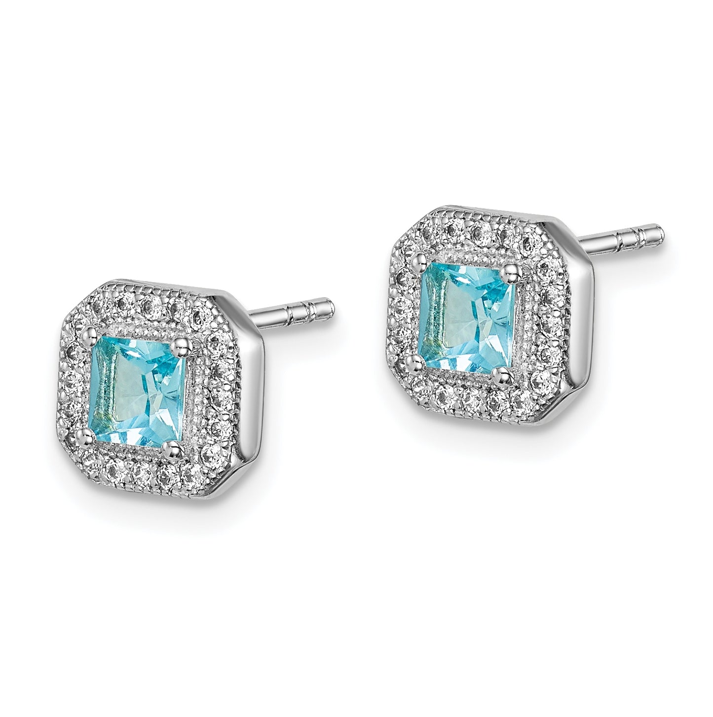 Sterling Silver Rhodium Plated Square Light Blue and Clear Cubic Zirconia Post Earrings, March
