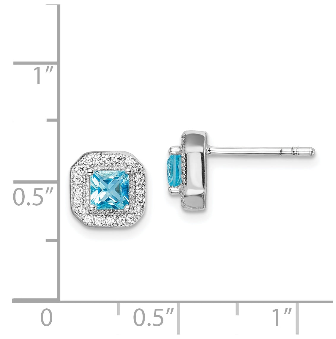 Sterling Silver Rhodium Plated Square Light Blue and Clear Cubic Zirconia Post Earrings, March