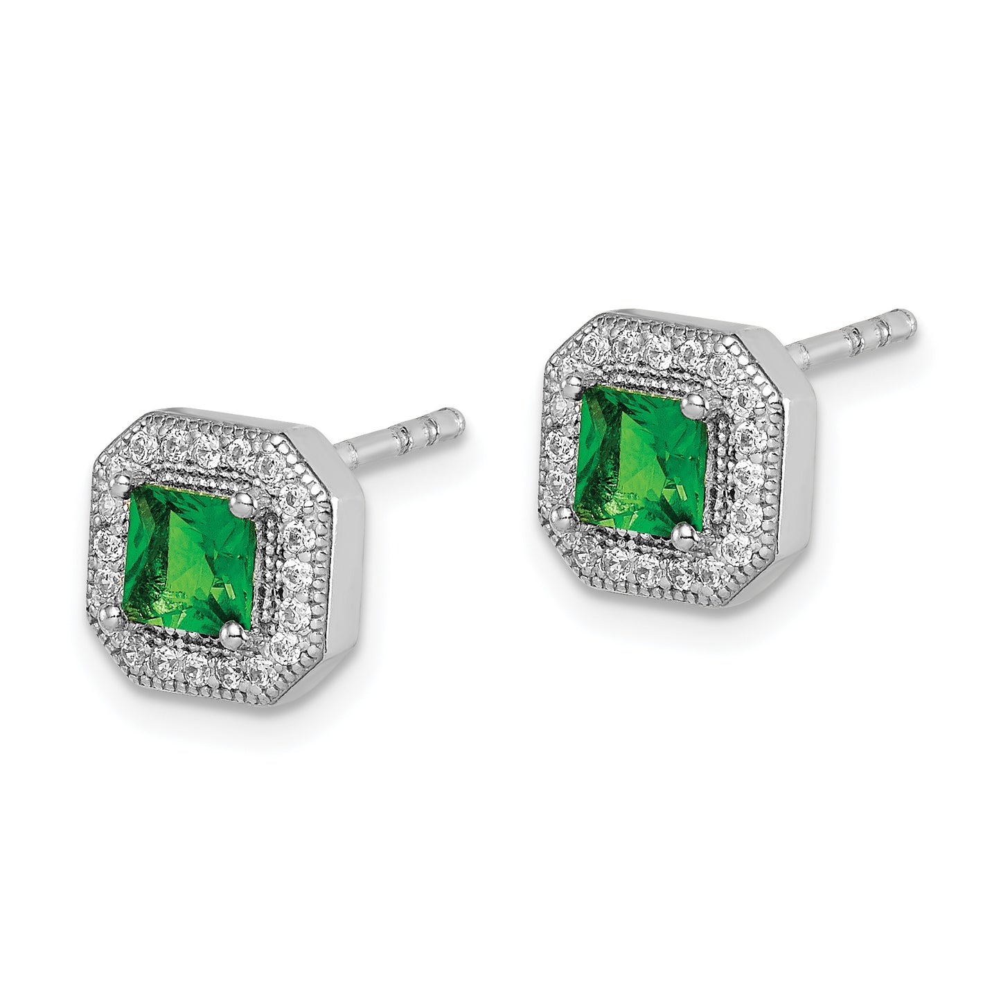 Sterling Silver Rhodium Plated Square Green and Clear Cubic Zirconia Post Earrings, May
