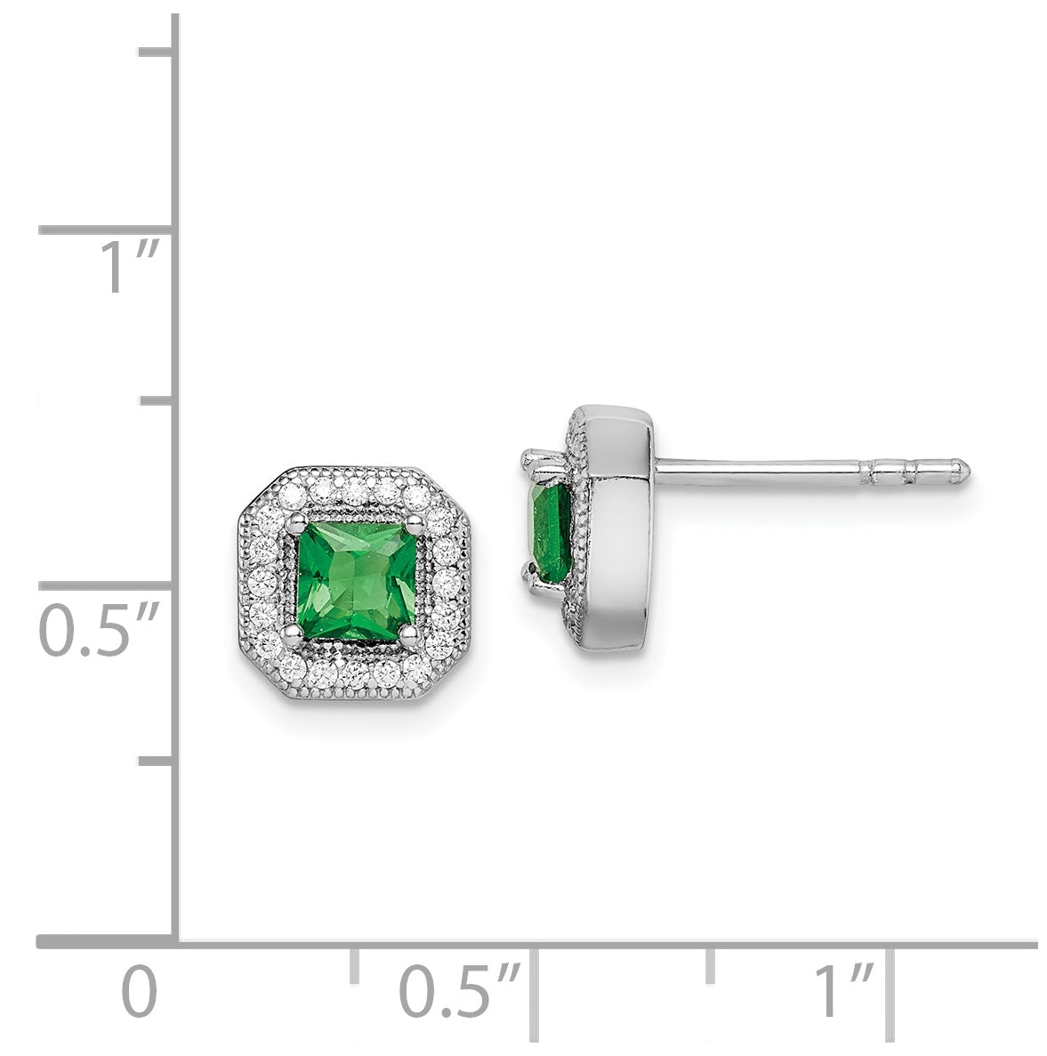 Sterling Silver Rhodium Plated Square Green and Clear Cubic Zirconia Post Earrings, May