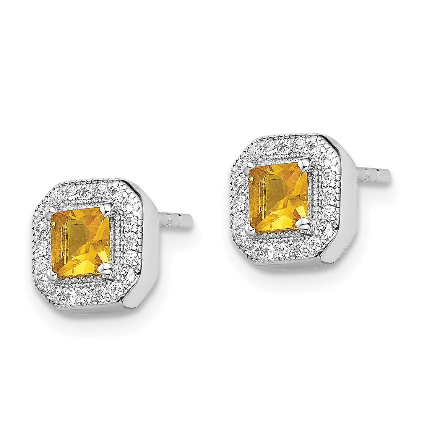 Sterling Silver Rhodium Plated Square Dark Yellow and Clear Cubic Zirconia Post Earrings, November
