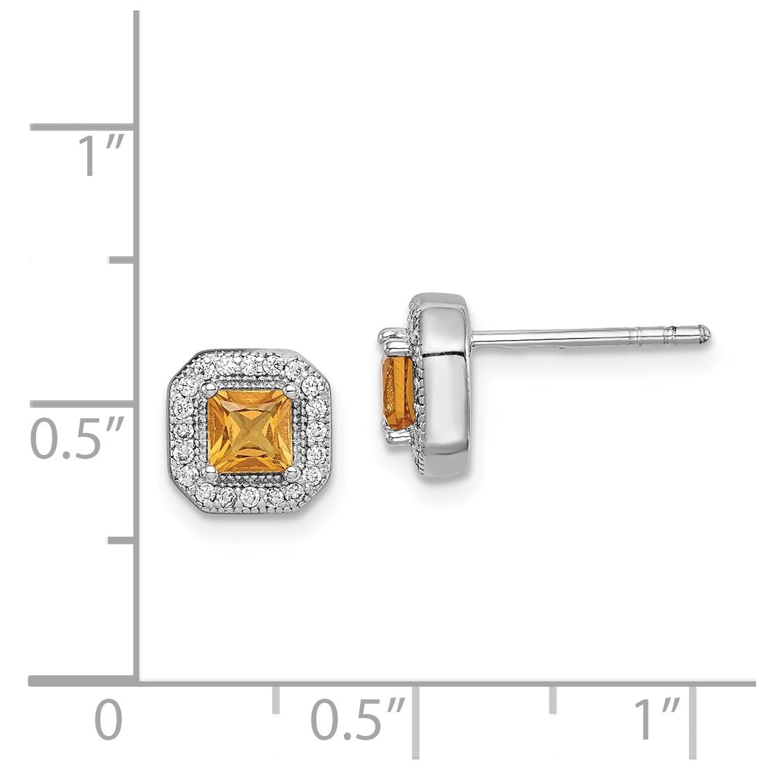 Sterling Silver Rhodium Plated Square Dark Yellow and Clear Cubic Zirconia Post Earrings, November